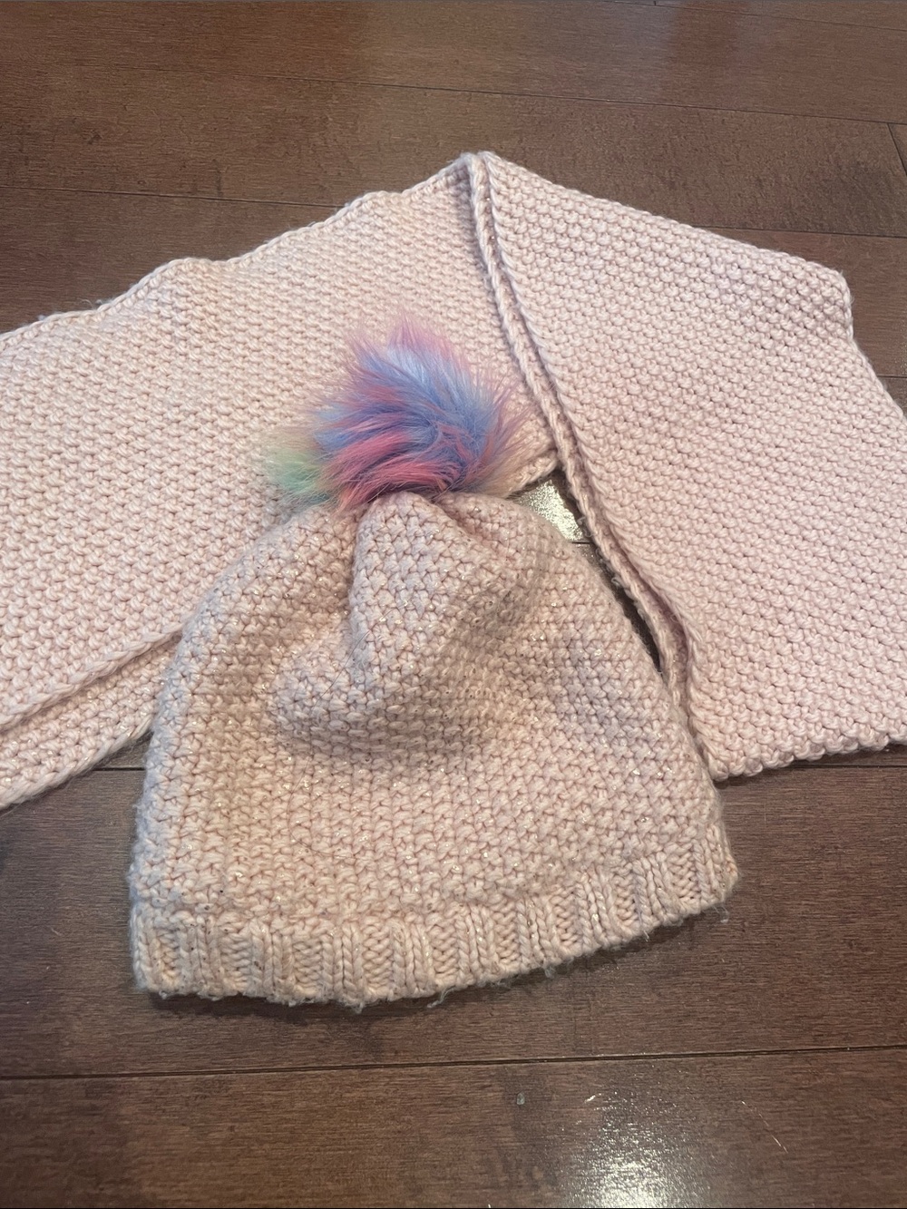 5/$25 Kids Pink Knit Beanie and Scarf Set with Rainbow Pom